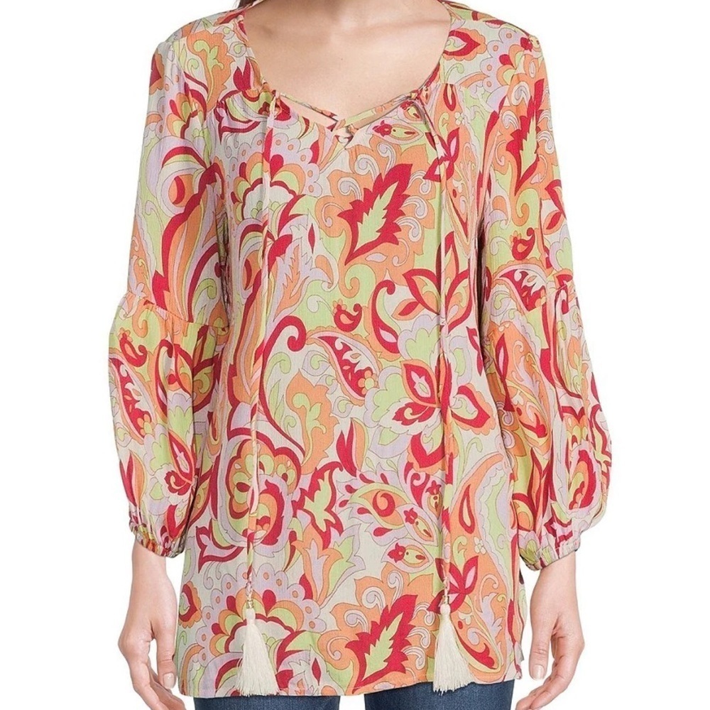AGB Tassel Tie V-Neck Long Puff Sleeve Lace Up Blouse Size S